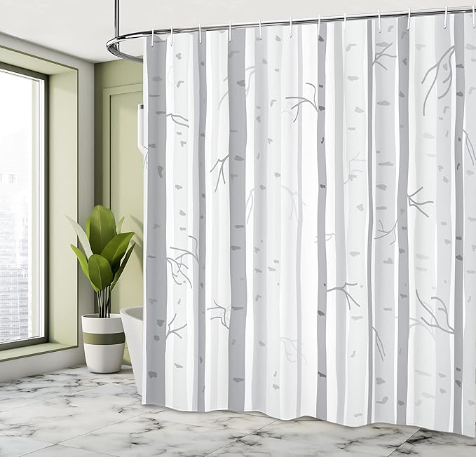 Ambesonne Grey Shower Curtain, Birch Trees in Autumn Branches Forest with Soft Colors in Modern Graphic Print, Cloth Fabric Bathroom Decor Set with Hooks, 69" W x 84" L, Grey Ceil