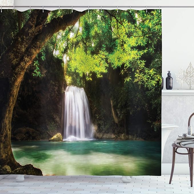 Ambesonne Waterfall Shower Curtain, Waterfall Flowing to Lake Deep Down in The Forest Warm Paradise Photo, Cloth Fabric Bathroom Decor Set with Hooks, 69" W x 84" L, Green Brown