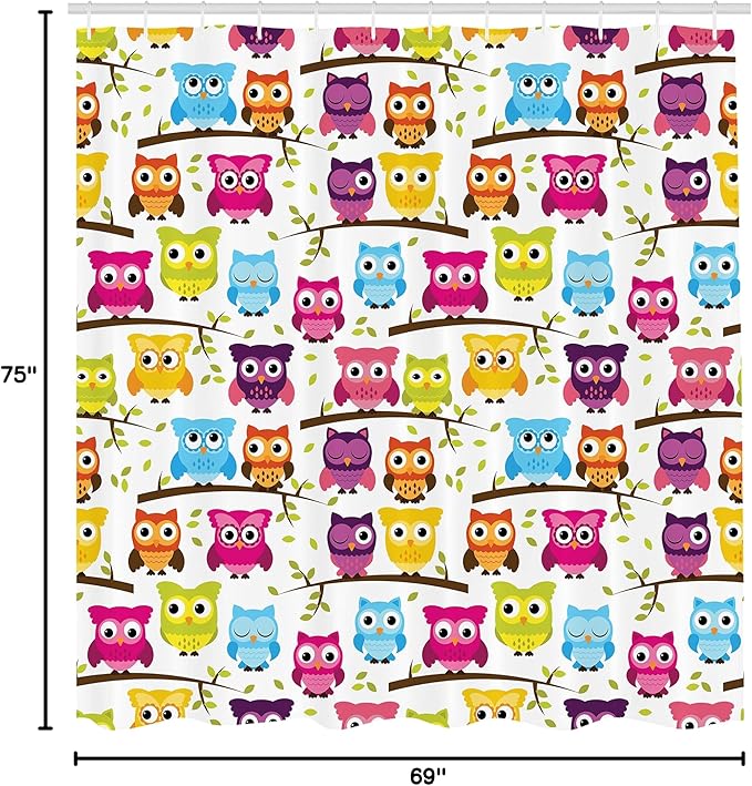 Ambesonne Owls Shower Curtain, Owls in The Forest Woodland Celebration Friendship Togetherness Themed Artwork Print, Cloth Fabric Bathroom Decor Set with Hooks, 69" W x 75" L, Green Magenta