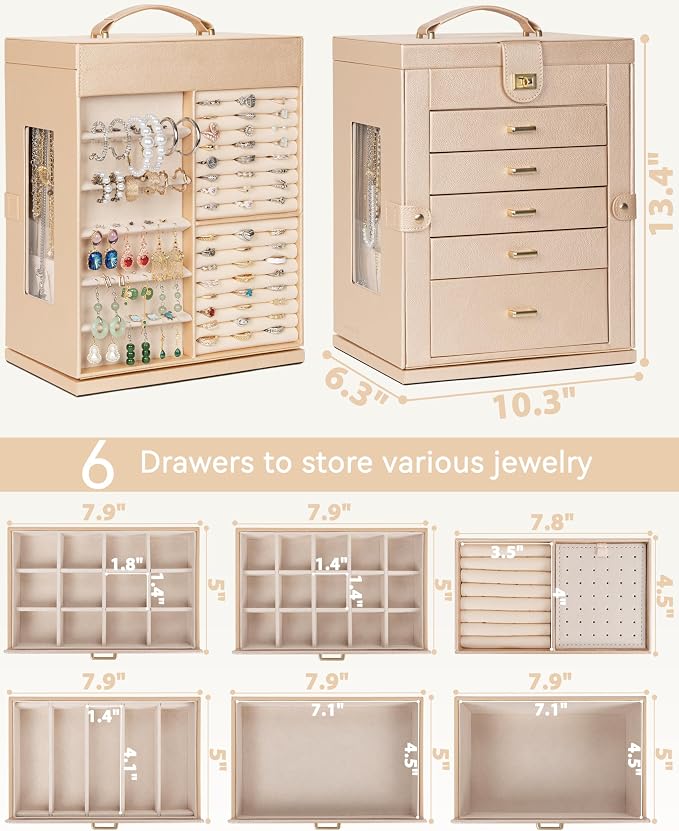 AKOZLIN 6-Tier Jewelry Box Organizer Functional 5 Drawers Leather Jewelry Storage Case for Women Girls Ring Necklace Earring Bracelet Holder Organizer with Mirror XL Champagne 360° Rotating