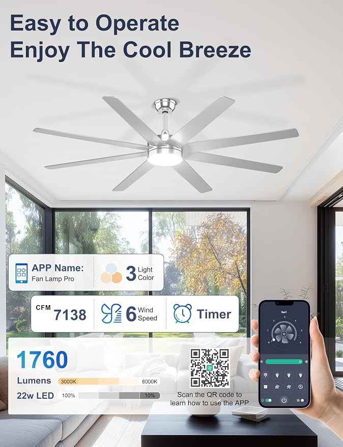 72'' Silver Large Ceiling Fan with Light for Indoor/Covered Outdoor | Remote/APP Control, 3CCT Dimmable, Quiet DC Motor, Reversible Airflow, 8 Blades Modern Big Overhead Fan for Patio Living Room