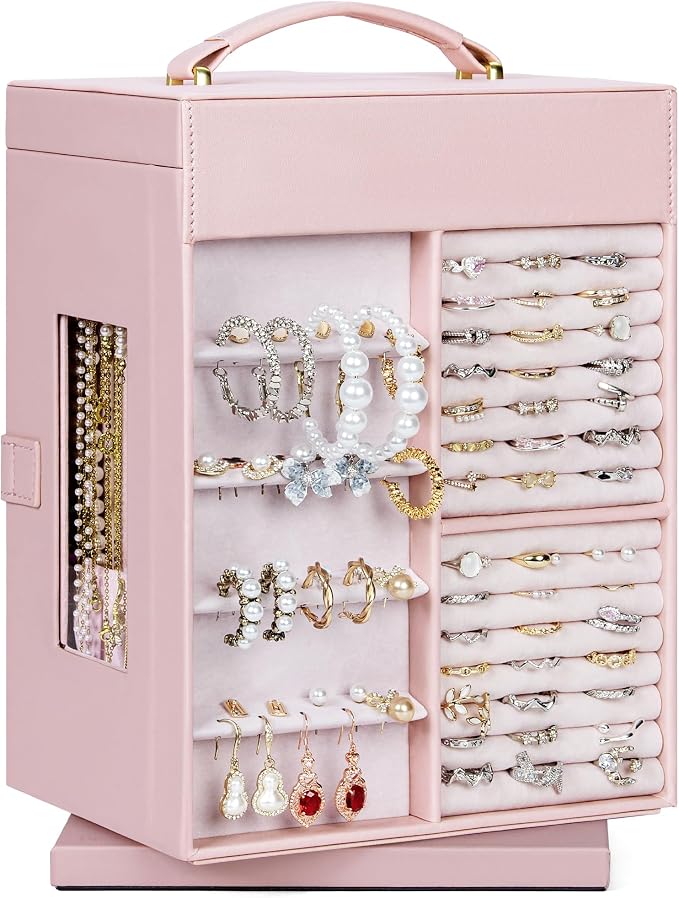 AKOZLIN 6-Tier Jewelry Box Organizer Functional 5 Drawers Leather Jewelry Storage Case for Women Girls Ring Necklace Earring Bracelet Holder Organizer with Mirror Pink 360° Rotating