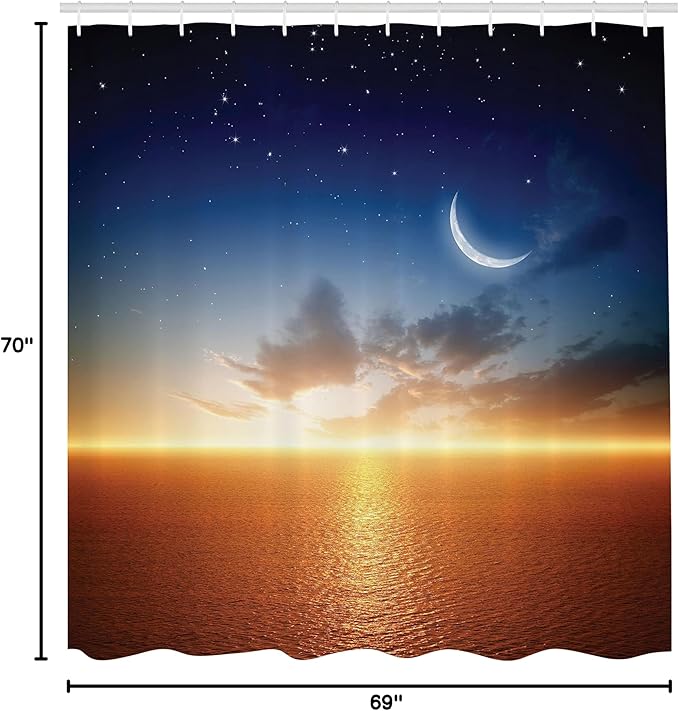 Ambesonne Ocean Shower Curtain, Sunset Sky with Moon and Stars Horizon Scenery Fantasy View Art Print, Cloth Fabric Bathroom Decor Set with Hooks, 69" W x 70" L, Navy Yellow Orange