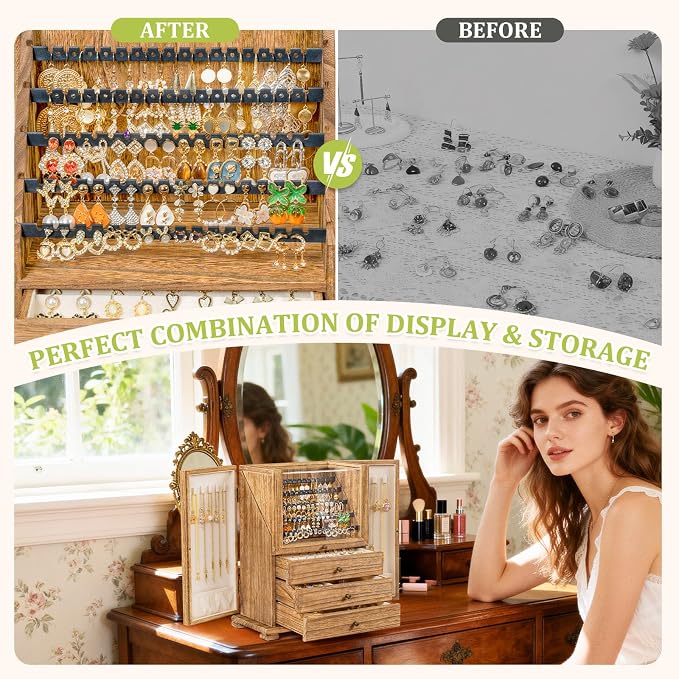 Jewelry Box Organizer, Rustic Wooden Jewelry Boxes for Women Girls, Large Storage Earring Holder Organizer Display for Earrings Necklaces Rings Bracelets (Rustic Brown)