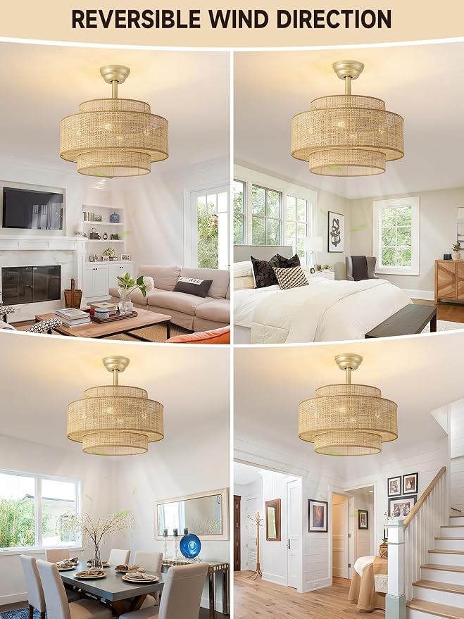 Boho Fandelier Ceiling Fan with Light Rattan Chandelier Fan Remote Gold Caged Ceiling Fan with Light for Bedroom, Living Room Nursery Foyer Kitchen（6 Speed, Timing Adjustable Height）