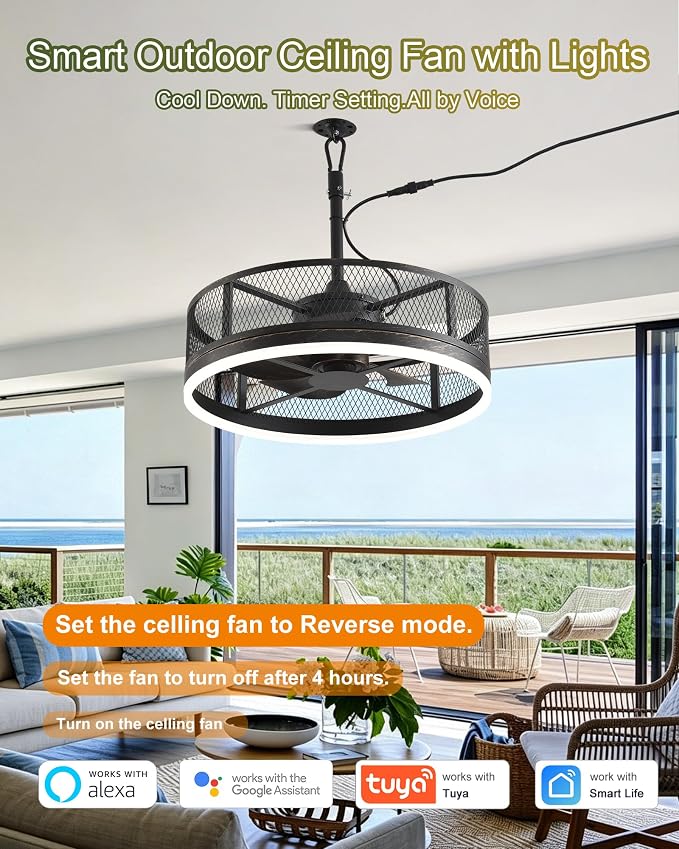 20'' Outdoor Ceiling Fan with Light, IP65 Waterproof Gazebo Hanging Fan, Remote Control, 3CCT, 6-Speed, Plug-in Caged Ceiling Fan for Patio Porch Pergola, Works with Alexa & Google Assistant