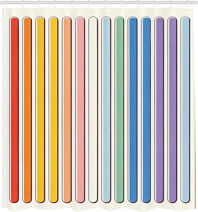 Ambesonne Colorful Shower Curtain, Modern Minimalist Design of Rainbow Stripes on Plain Backdrop Happy Aura, Cloth Fabric Bathroom Decor Set with Hooks, 69" W x 84" L, White and Multicolor