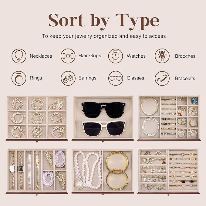 Dajasan Large Jewelry Organizer Box, 6-Tier Jewelry Storage Case with 5 Drawers, Jewelry Boxes for Women Girls with Mirror, Double Door, Textured PU Leather, Gift Idea, Stylish (Brown + Gold)