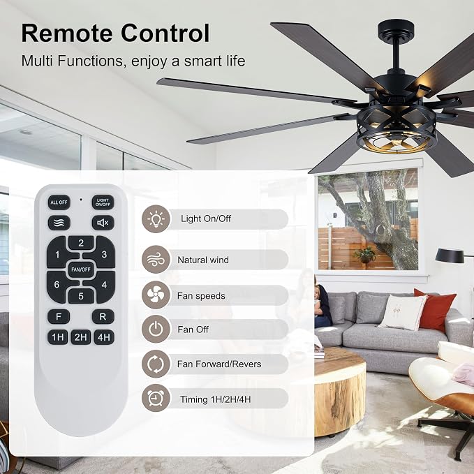 72" Farmhouse Ceiling Fan with Lights and Remote Rustic Fandelier | Black Caged Ceiling Fan Industrial Chandelier, for Living Room Garage, 3 E26 Bulbs (Not Included) Reversible DC Motor 6 Speed