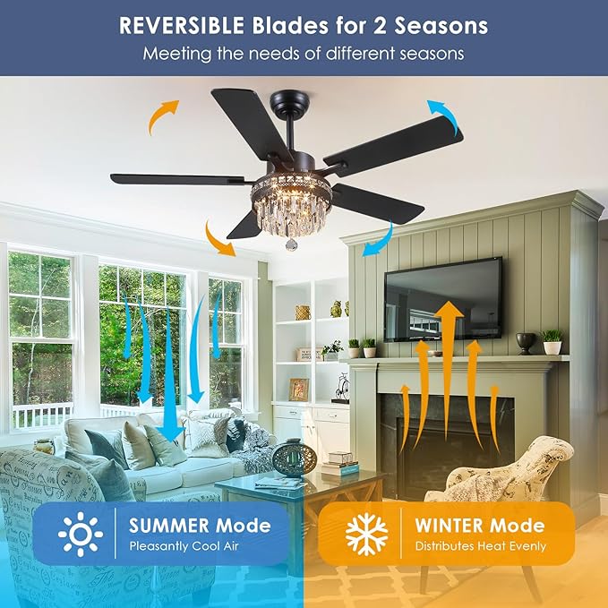 52" Chandelier Crystal Ceiling Fans with Lights and Remote/APP Control | Supports Remote and APP,Reversible 6 Wind Speeds,30W Quiet DC Motor,6 Wood Blades,Dimmable 30W LED,Suits for Bedroom Kitchen