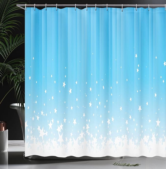 Ambesonne Abstract Shower Curtain, Stars Splashing Down Open Sky Vibrant Celestial Rays Beams Design, Cloth Fabric Bathroom Decor Set with Hooks, 69" W x 70" L, Sky Blue White