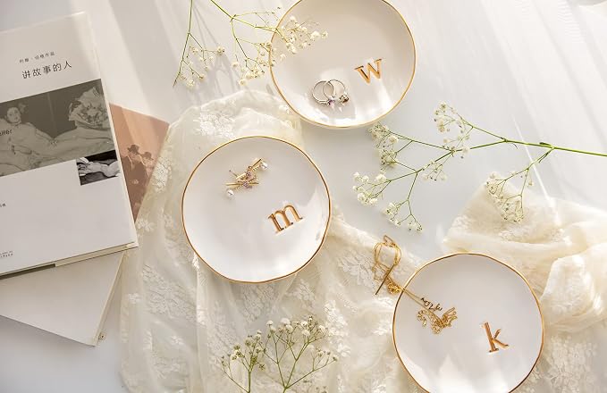 COLLECTIVE HOME Ceramic Jewelry Tray, Trinket Dish, Gifts for Women (M) | Mother's Day, Birthday, Christmas, Engagement Gifts, Vanity, Nightstand Decor, Embossed Gold Monogram Ring Dish with Gift Box