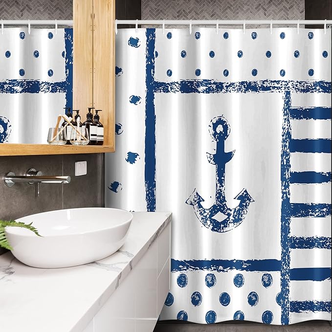Ambesonne Anchor Stall Shower Curtain, Grunge Murky Boat Marine Silhouette Polka and Stripe Retro Navy Theme Art, Fabric Bathroom Decor Set with Hooks, 54" W x 78" L, Dark Blue White