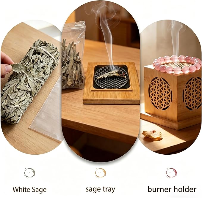 4 Inch White Sage Smudge Stick Set, Bamboo Incense Burner with Ash Catcher & Anti-Spill Dish, Multi-use Incense Holder for Sticks Cones Spirals, for Cleansing Meditation Yoga Aromatherapy