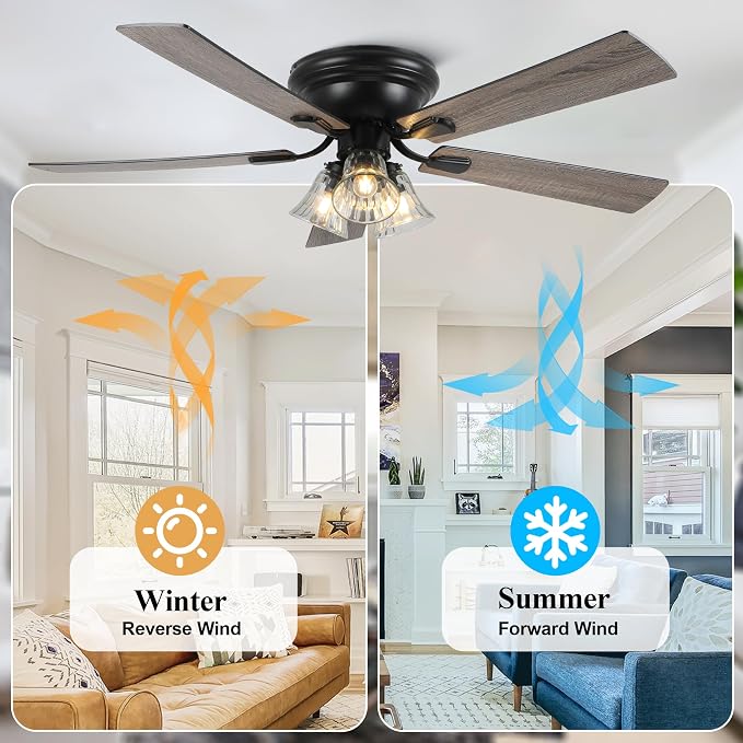 Dawn Whisper 52 Inch Ceiling Fan with Light Flush Mount Classic Vintage Farmhouse Ceiling Fan with 3 E26 Covered Energy Efficient Light Bulbs Base