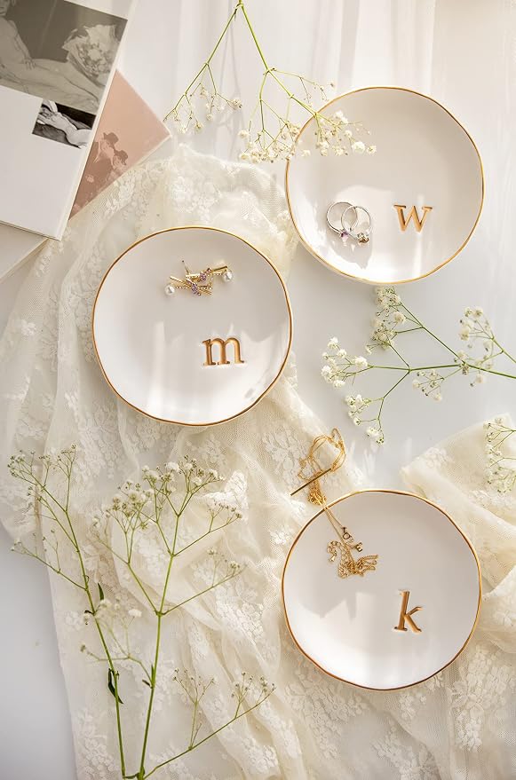 COLLECTIVE HOME Ceramic Jewelry Tray, Trinket Dish, Gifts for Women (W) | Mother's Day, Birthday, Christmas, Engagement Gifts, Vanity, Nightstand Decor, Embossed Gold Monogram Ring Dish with Gift Box