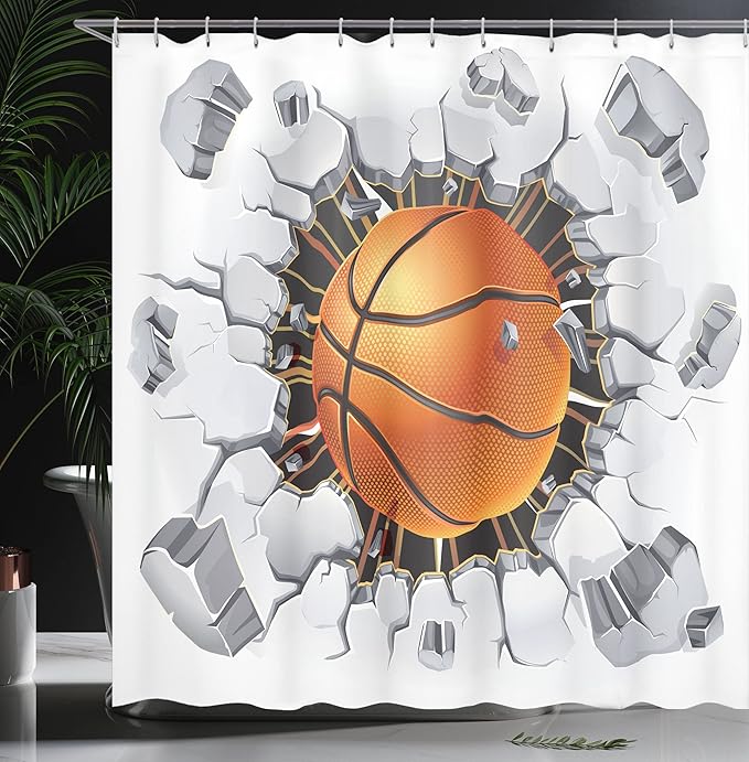 Ambesonne Sports Shower Curtain, Basketball and Old Plaster Concrete Wall Damage Breaking Sports League, Cloth Fabric Bathroom Decor Set with Hooks, 69" W x 84" L, Pale Grey Black Orange