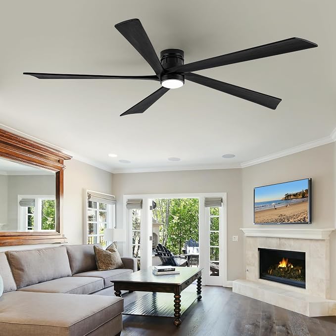 EKIZNSN 84 Inch Outdoor Low Profile Flush Mount Ceiling Fans with Lights for Patios, 110V Noiseless Reversible DC Motor, 6-Gear Speed (Black Finish with Black Blades)