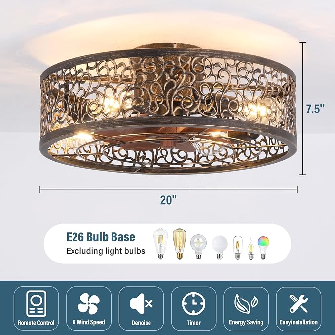 COCOSTAR Caged Ceiling Fan with Light Flush Mount Farmhouse Retro Fandelier | Remote/APP,Low Profile,Enclosed,Bladeless,Quiet,20" Rustic Light Fixture with Fan for Kitchen Bedroom Living Room Dining Room