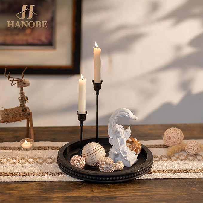 Hanobe Round Decorative Tray with Beaded Edge, Distressed Dark Brown Finish | 11.8" vintage wooden tray for coffee table, ottoman, or counter display, holds candles.