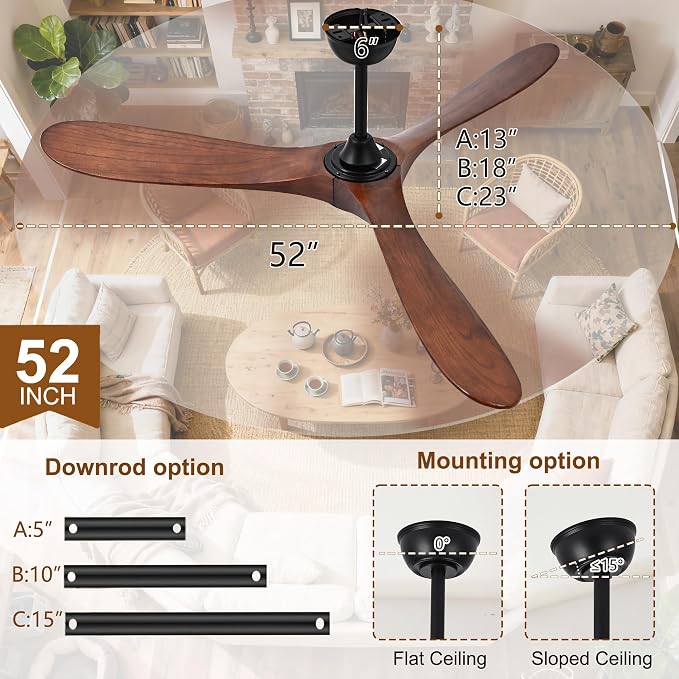 52 Inch Ceiling Fans with Lights and Remote, Modern Wood Outdoor Ceiling Fan with Light, 3 Blade Propeller Indoor Ceiling Fan for Farmhouse Patios Living Room Bedroom Gazebo (Walnut)