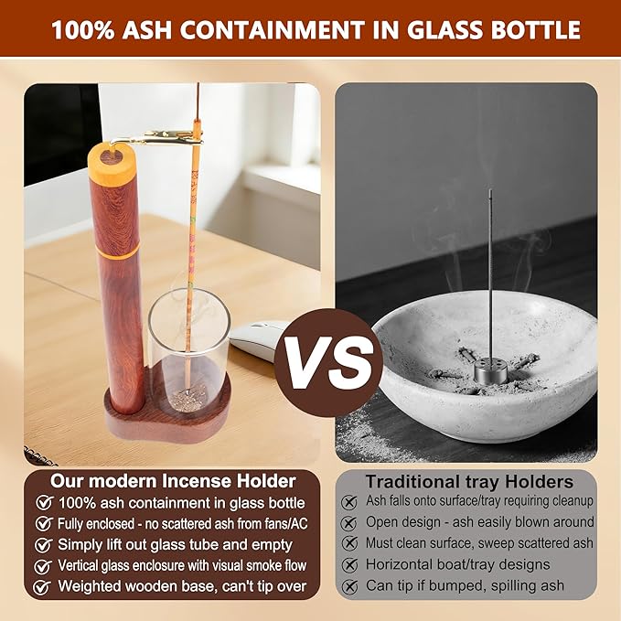 Wood Incense Holder for Sticks with Glass Ash Catcher-Airtight StorageTube,Portable Incense Burner for Yoga Meditation Travel Home Gift