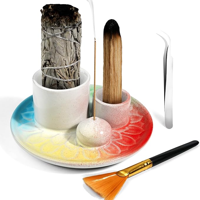 4 in 1 Incense Burner Holder,Sage Holder for Burning,Palo Santo Holder,Candle Holder,Ceramic Incense Burner Ash Catcher Tray for Meditation Yoga Room (Pastel Rainbow)