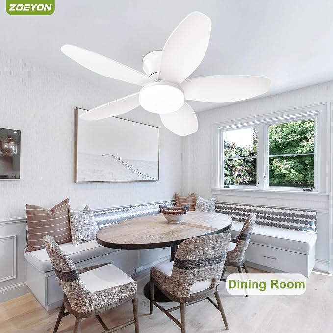 Small Ceiling Fan with Light - 35 Inch Flush Mount Ceiling Fan with Lights and Remote, Low Profile Ceiling Fans with 5 Reversible Blades, 6 Wind Speeds, White Ceiling Fans for Bedroom