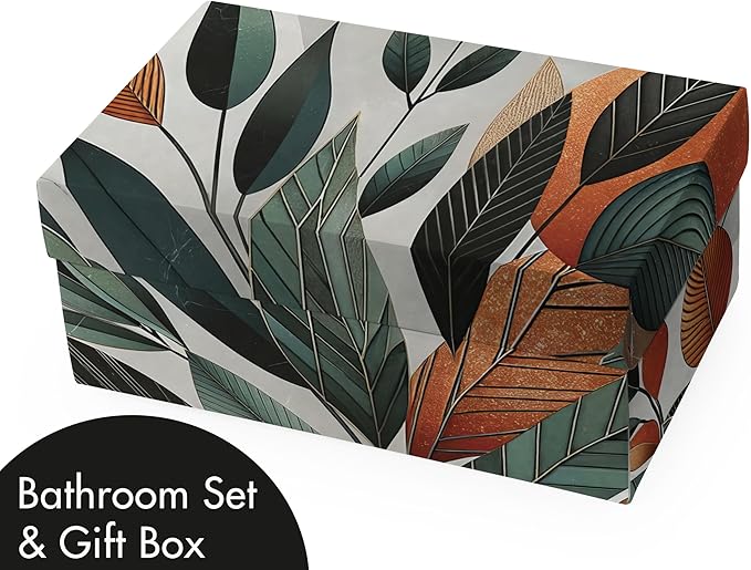 Ambesonne Boho Bathroom Decor Set 4 Pcs, Shower Curtain Bath Mat Soap Dispenser Toothbrush Holder in a Gift Box Essentials and Accessories, Mid Century Exotic Leaf, Orange Laurel Green Grey