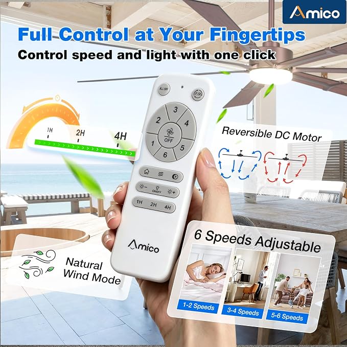 Amico 80 Inch Ceiling Fans with Lights and Remote, Indoor Outdoor Ceiling Fan for Patio Living Room, Kitchen, Quiet 6-Speed Reversible DC Motor, Dual-Sided Blades, Brown Farmhouse Dimmable & 3CCT
