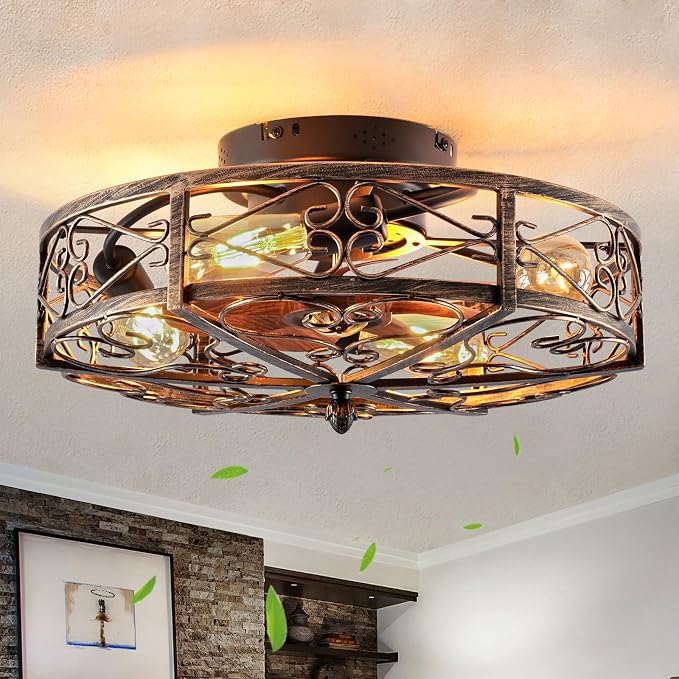20" Flush Mount Caged Ceiling Fan with Lights, 6 Speeds Fandelier with Remote, Low Profile Farmhouse Ceiling Fan for Bedroom Kitchen