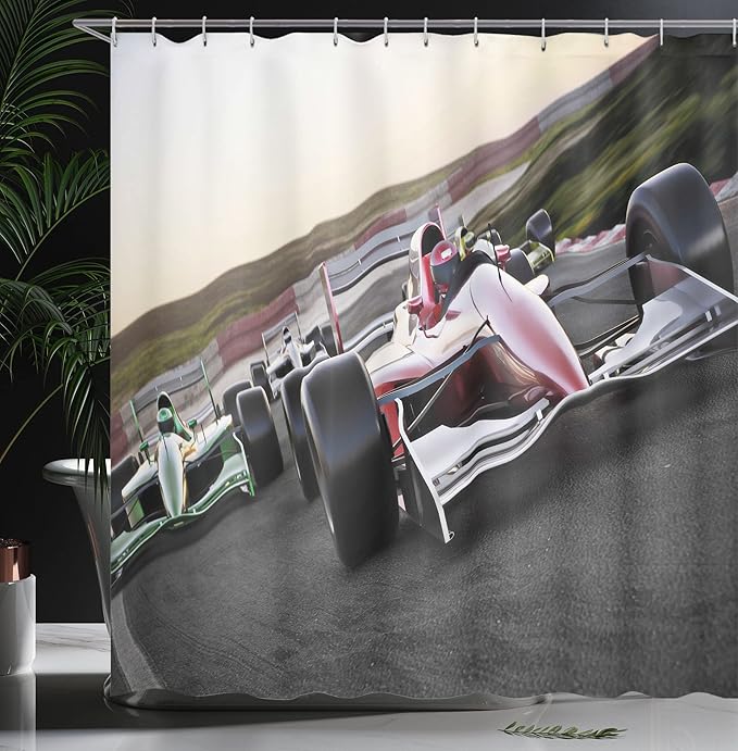 Ambesonne Man Cave Shower Curtain, Speeding Red Race Car Close up Front View on Track Leading The Pack Speedway Image, Cloth Fabric Bathroom Decor Set with Hooks, 69" W x 70" L, Burgundy Grey
