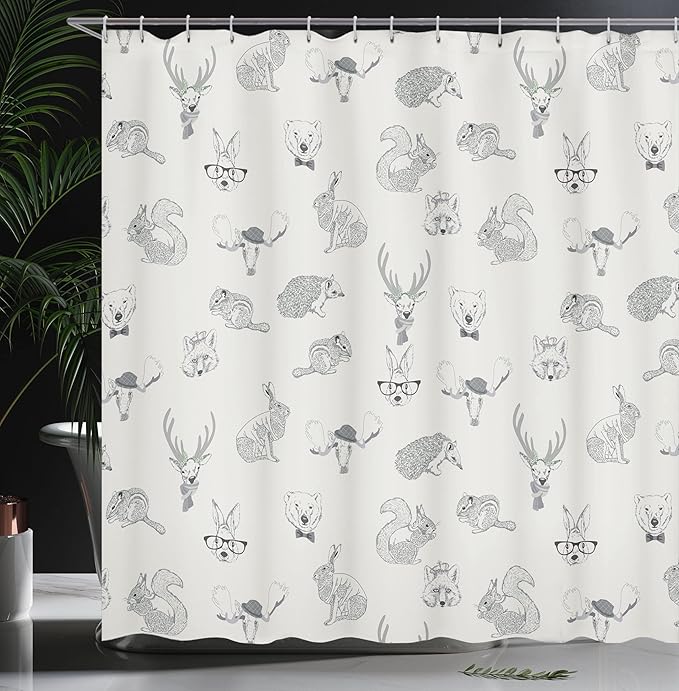 Ambesonne Dimgrey Shower Curtain, Illustration of Weird Forest Animals in Retro Style Rabbit Fox Dear Wild Life Boho Artwork, Cloth Fabric Bathroom Decor Set with Hooks, 69" W x 75" L, Dimgrey