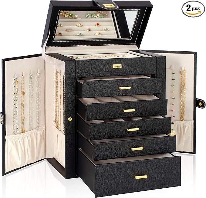 AKOZLIN 6-Tier Jewelry Box Organizer Functional 5 Drawers Leather Jewelry Storage Case for Women Girls Ring Necklace Earring Bracelet Holder Organizer with Mirror Black Large