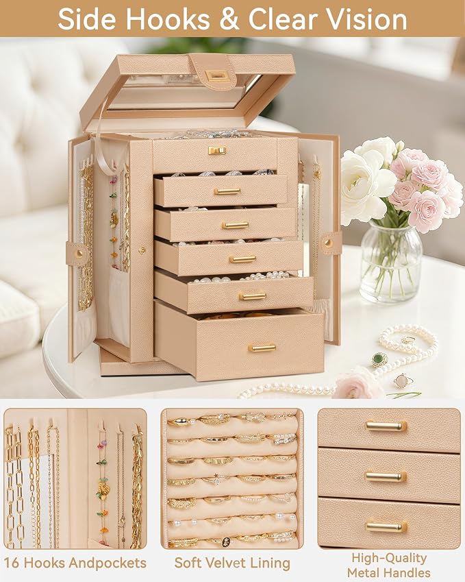 AKOZLIN 6-Tier Jewelry Box Organizer Functional 5 Drawers Leather Jewelry Storage Case for Women Girls Ring Necklace Earring Bracelet Holder Organizer with Mirror Champagne S-Medium