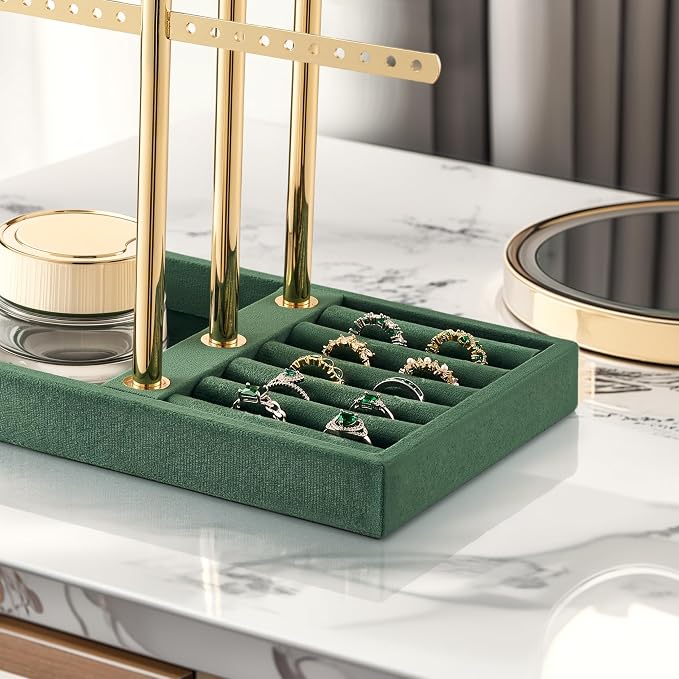 Jewelry Organizer Stand for Necklaces, Bracelets, Earrings, Rings, Green | 3 Tier Velvet Bracelet Holder Display | Jewelry Organizers and Storage | Jewelry Tree | Jewelry Towers