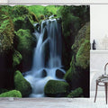 Ambesonne Waterfall Shower Curtain, Flowing Water from Mountains and Stream with Moss Covered Stones Picture, Cloth Fabric Bathroom Decor Set with Hooks, 69" W x 70" L, Dark Green White
