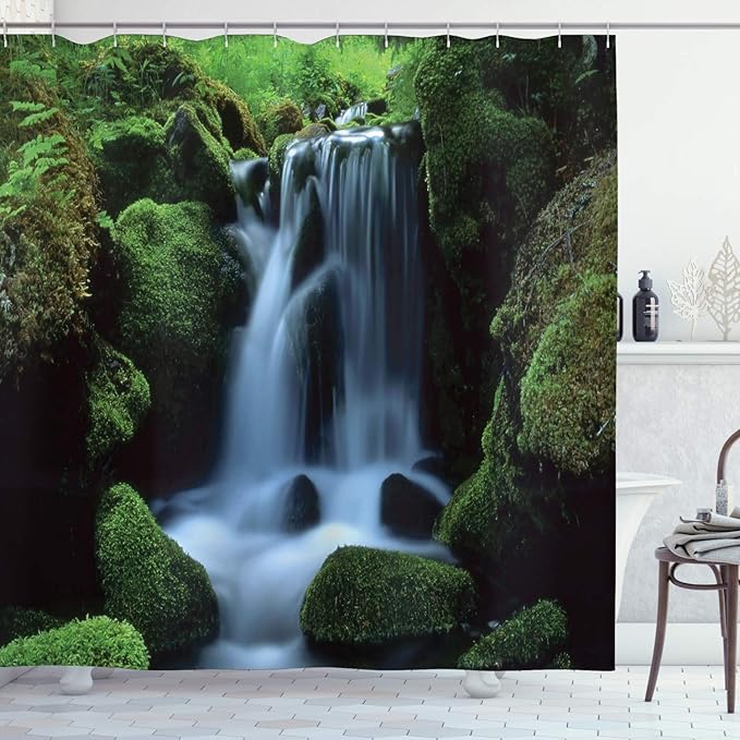 Ambesonne Waterfall Shower Curtain, Flowing Water from Mountains and Stream with Moss Covered Stones Picture, Cloth Fabric Bathroom Decor Set with Hooks, 69" W x 70" L, Dark Green White