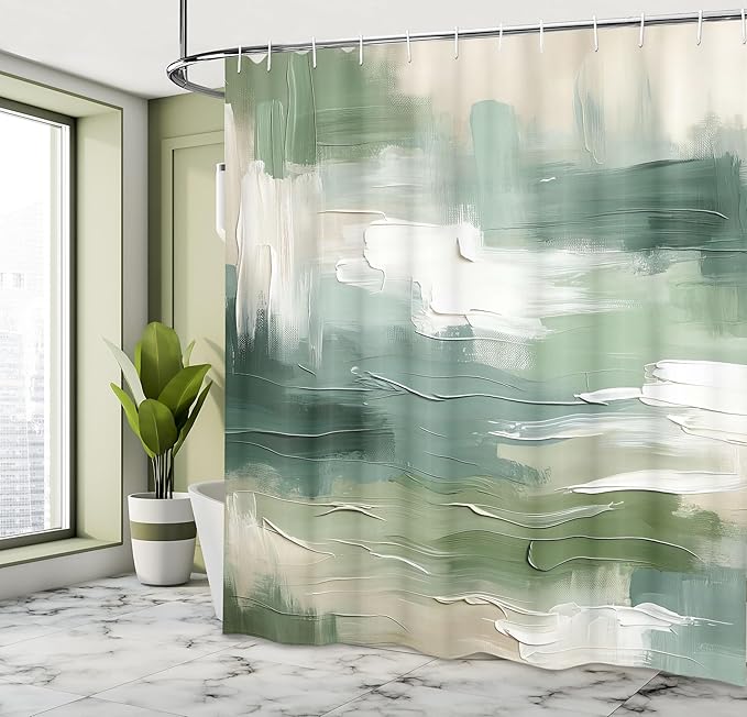 Ambesonne Green Shower Curtain, Abstract Design Brush Strokes Look Print with Pastel Tones Celtic Tones, Cloth Fabric Bathroom Decor Set with Hooks, 69" W x 75" L, Slate Brown White Teal