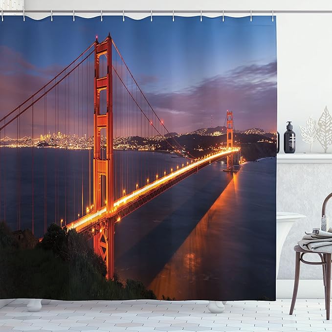 Ambesonne City Shower Curtain, Panorama of Golden Gate Bridge Famous Architectural Landscape Scenery, Cloth Fabric Bathroom Decor Set with Hooks, 69" W x 70" L, Orange Dried Rose Blue