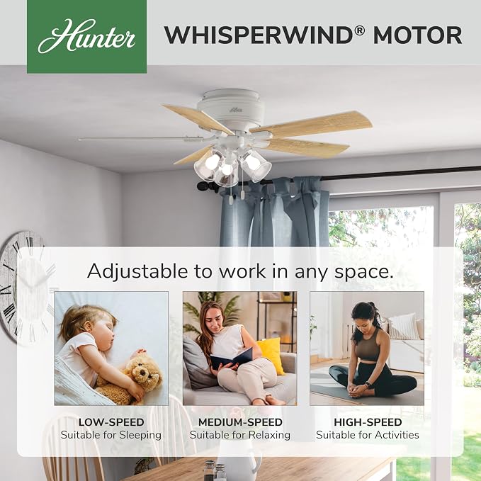 Hunter 52 inch Indoor Ceiling Fan with LED Lights and Pull Chain - Low Profile Flush Mount White Ceiling Fan, 5 Blades, For Bedroom, Living Room, or Kitchen, Quiet - Crestfield 54207, Fresh White