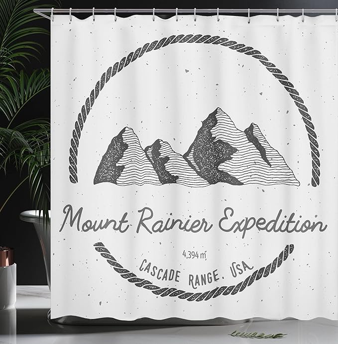 Ambesonne Mt Rainier Shower Curtain, Adventure Logo Look Design Mount Rainier Expedition Cascade Range, Cloth Fabric Bathroom Decor Set with Hooks, 69" W x 75" L, Pale Grey Charcoal Grey