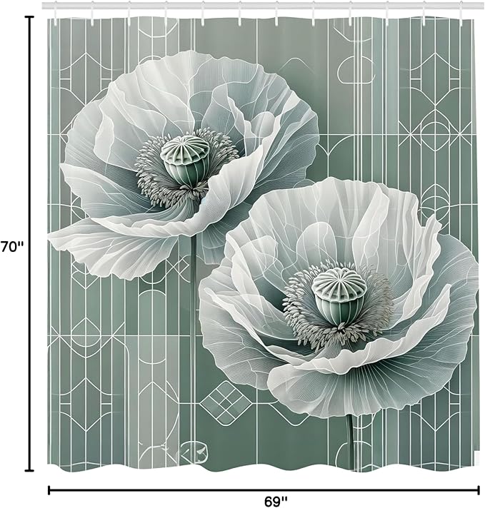 Ambesonne Green Shower Curtain, Futuristic Design of Poppy Flowers with Dreamy Petals and Scandi Lines, Cloth Fabric Bathroom Decor Set with Hooks, 69" W x 70" L, Blue Grey Dark Cadet Blue