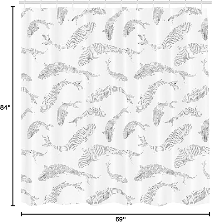 Ambesonne Fish Shower Curtain, Minimalist Ornamental Swimming Animal Pattern in Striped Drawn Tropical Fauna Tail Nautical Theme, Cloth Fabric Bathroom Decor Set with Hooks, 69" W x 84" L, White Grey