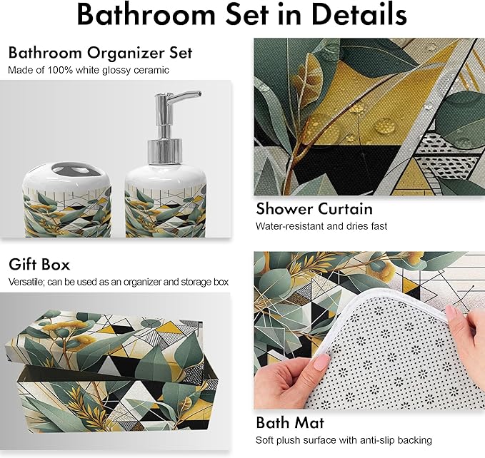 Ambesonne Eucalyptus Leaves Bathroom Decor Set 4 Pcs Including Shower Curtain with Hooks Bath Mat Soap Dispenser Toothbrush Holder in Box Essentials & Accessories, Blossomy Art, Green Black Mustard