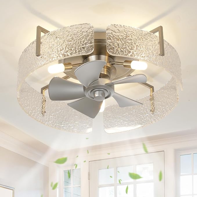 20" Low Profile Caged Ceiling Fan with Light, Modern Flush Mount Ceiling Fans with Remote, Silver Fandelier Ceiling Fan with Reversible DC Motor, Small Ceiling Fans for Bedroom Living Room