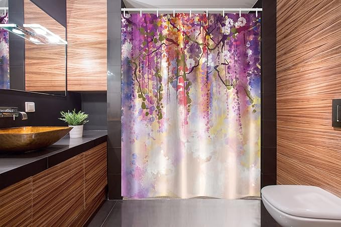 Ambesonne Japanese Stall Shower Curtain, Floral Country Style Watercolor Japanese Garden Flowers with Rain Backdrop, Fabric Bathroom Decor Set with Hooks, 54" W x 78" L, Peach Purple