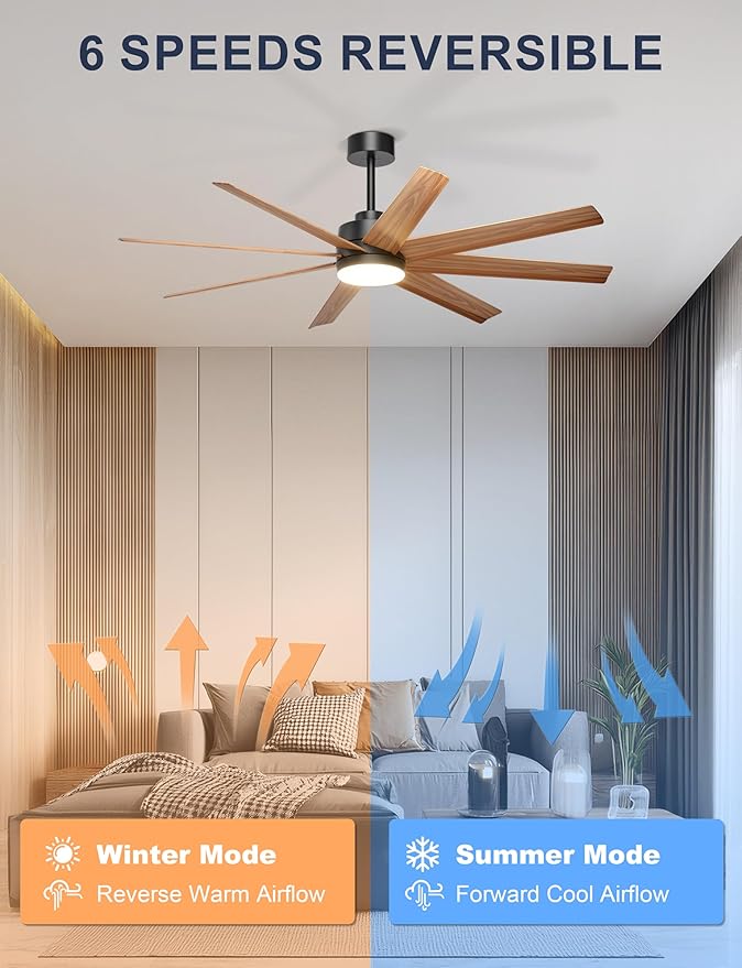 Ohniyou 60'' Ceiling Fan with Light - 8 Blades Modern Farmhouse Ceiling Fan Remote/APP Control, Dimmable, Covered Outdoor Fan for Patio, Living Room, Black+Wood Color