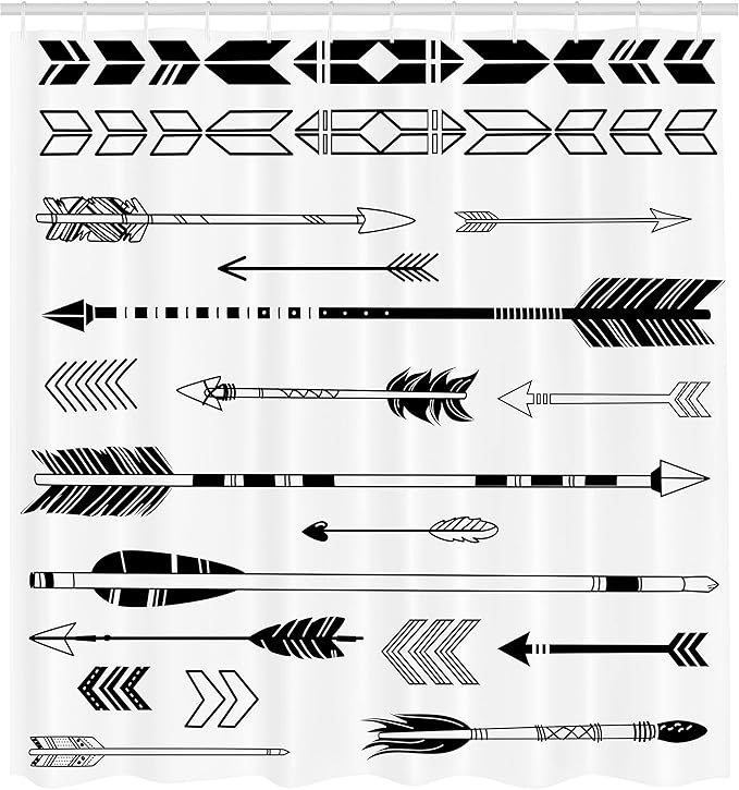Ambesonne Arrow Shower Curtain, Indie Western Arrows Traditional Folk Culture Print, Cloth Fabric Bathroom Decor Set with Hooks, 69" W x 70" L, White and Black