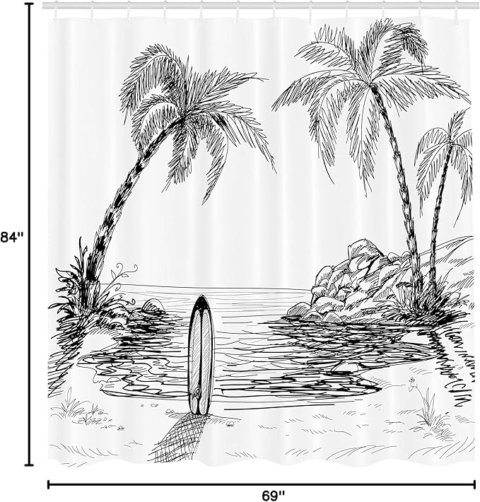 Ambesonne Surf Shower Curtain, Seascape with Coconut Tree and Surfboard on The Sand Summer Time Exotic Island Sketch, Cloth Fabric Bathroom Decor Set with Hooks, 69" W x 84" L, White and Black